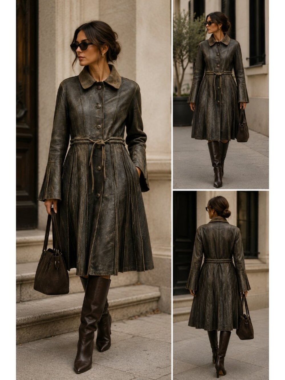 Knoles & Carter Women's Genuine Leather Belted Coat Jacket Khaki Olive Brown M